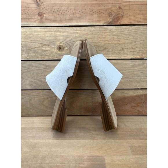 90s Minimalist Square Heel, Nude Pebbled Leather  Block Heel Slides Sandal White - Picture 6 of 8